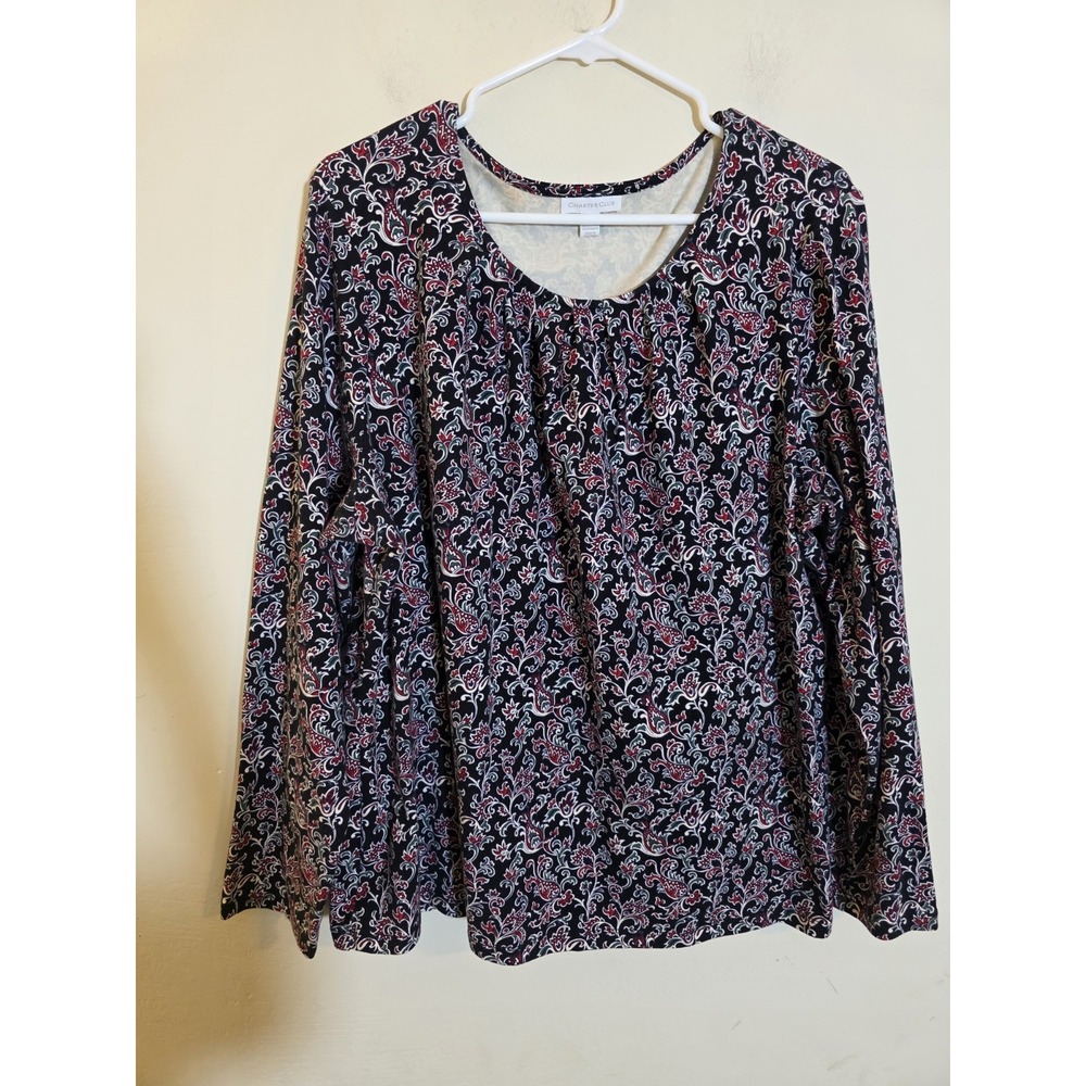 Charter Club Womens 1X Paisley Floral Long Sleeve Scoop Neck Top Navy Blue Red